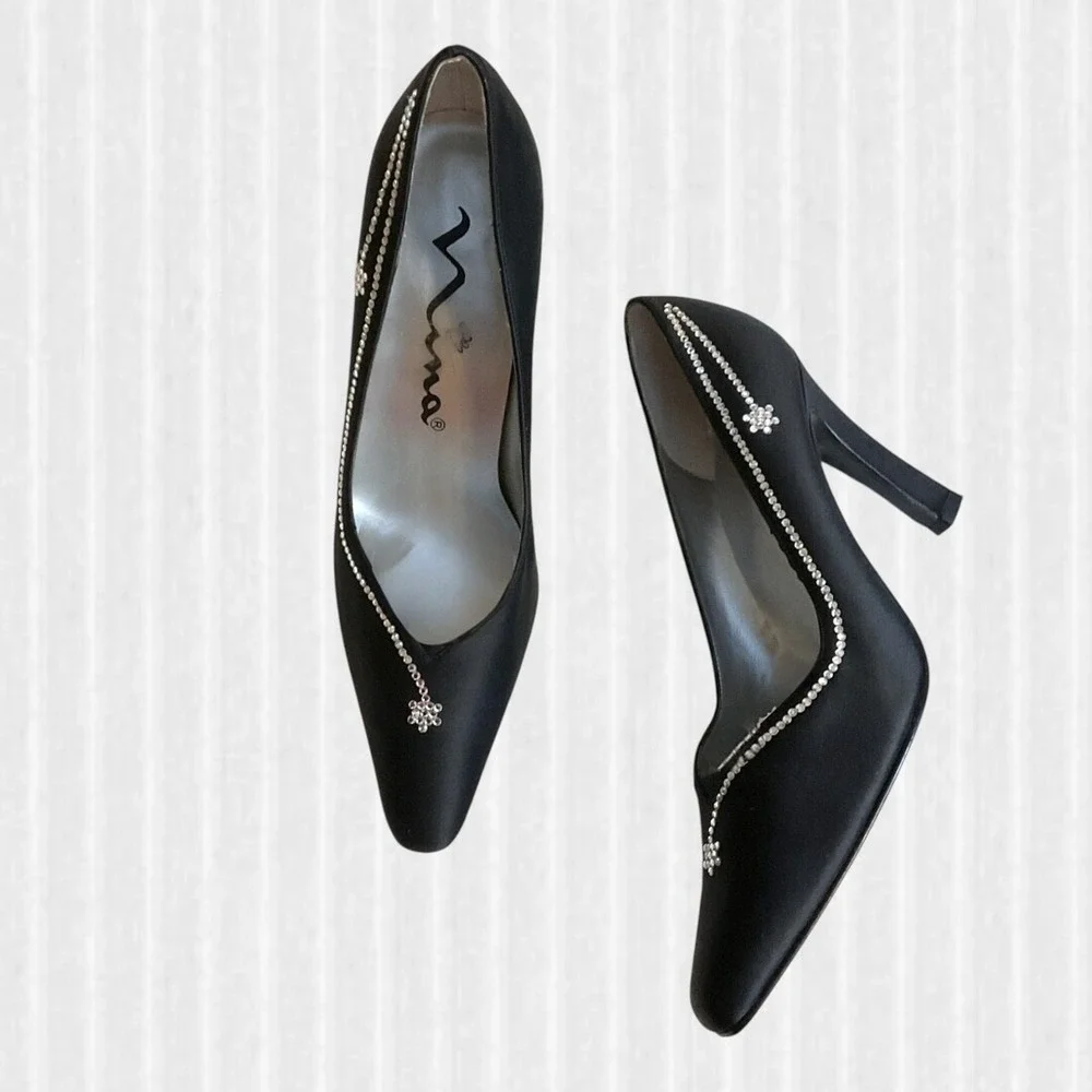 NINA Shoes Women's Size 7 Black High Heel Rayna LS Formal Lustre Satin Jeweled - Picture 11 of 11